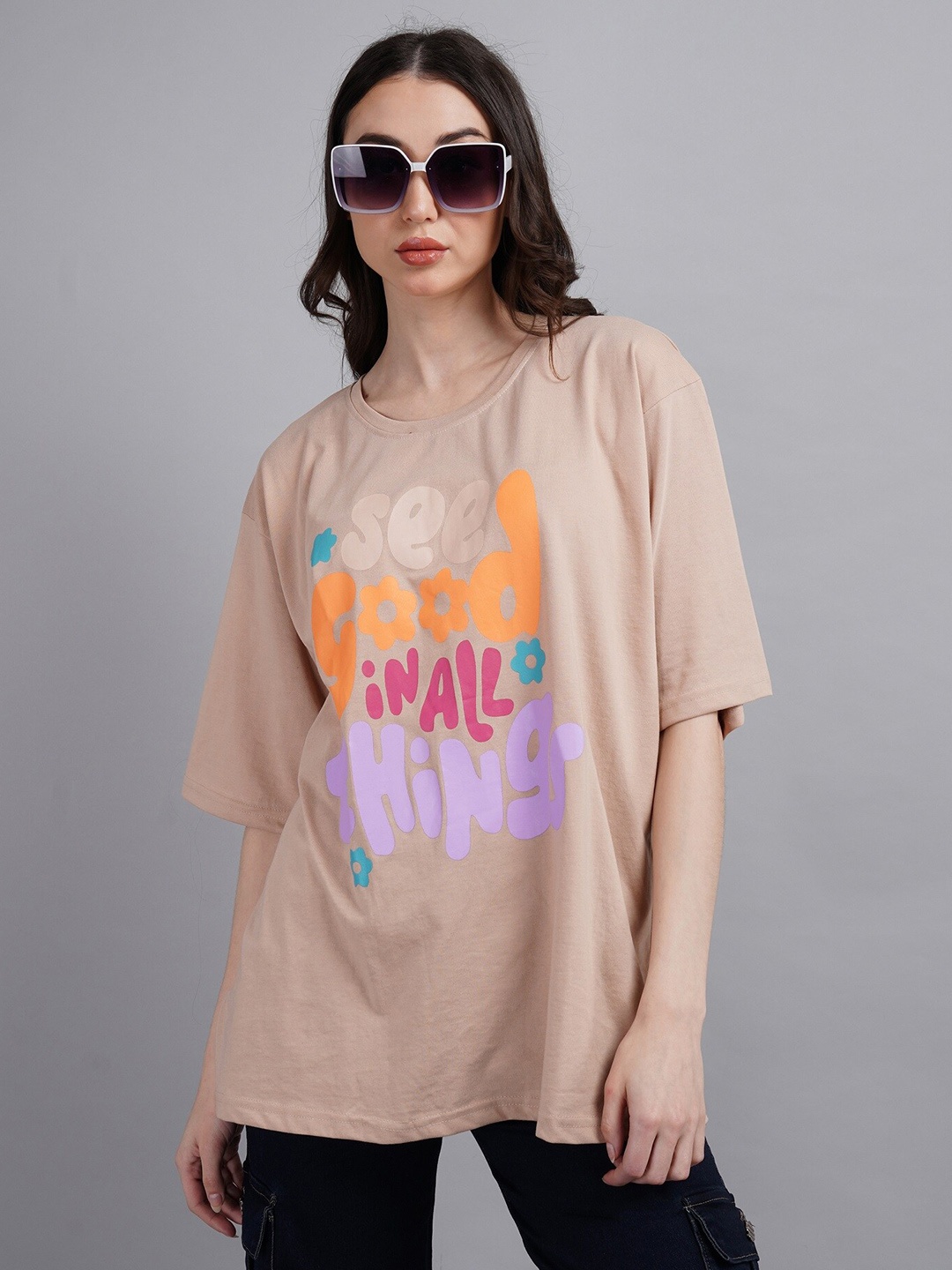 

ABSOLUTE DEFENSE Printed Round Neck Cotton Oversized T Shirt, Beige