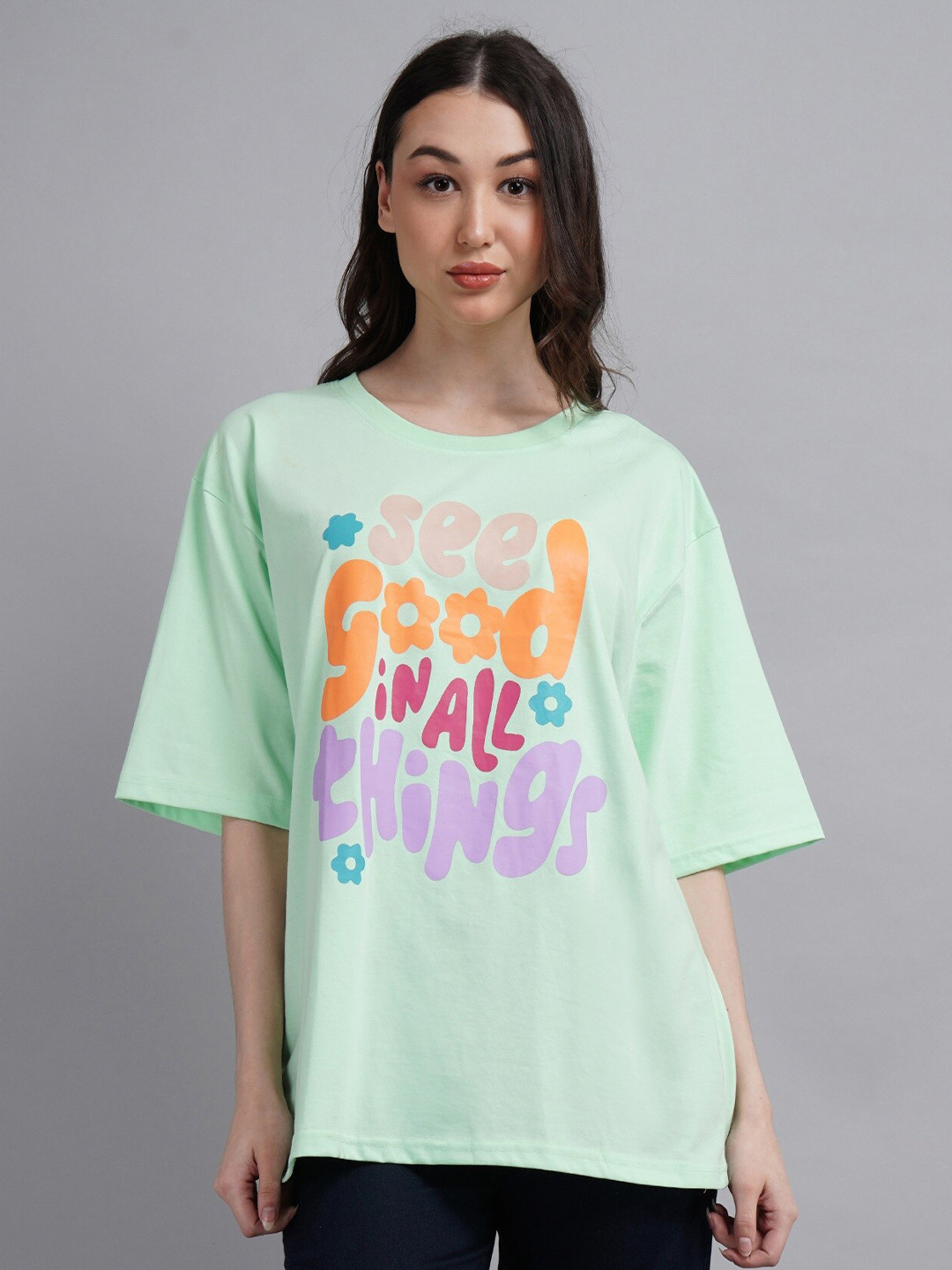 

ABSOLUTE DEFENSE Typography Printed Round Neck Cotton Oversized T Shirt, Green