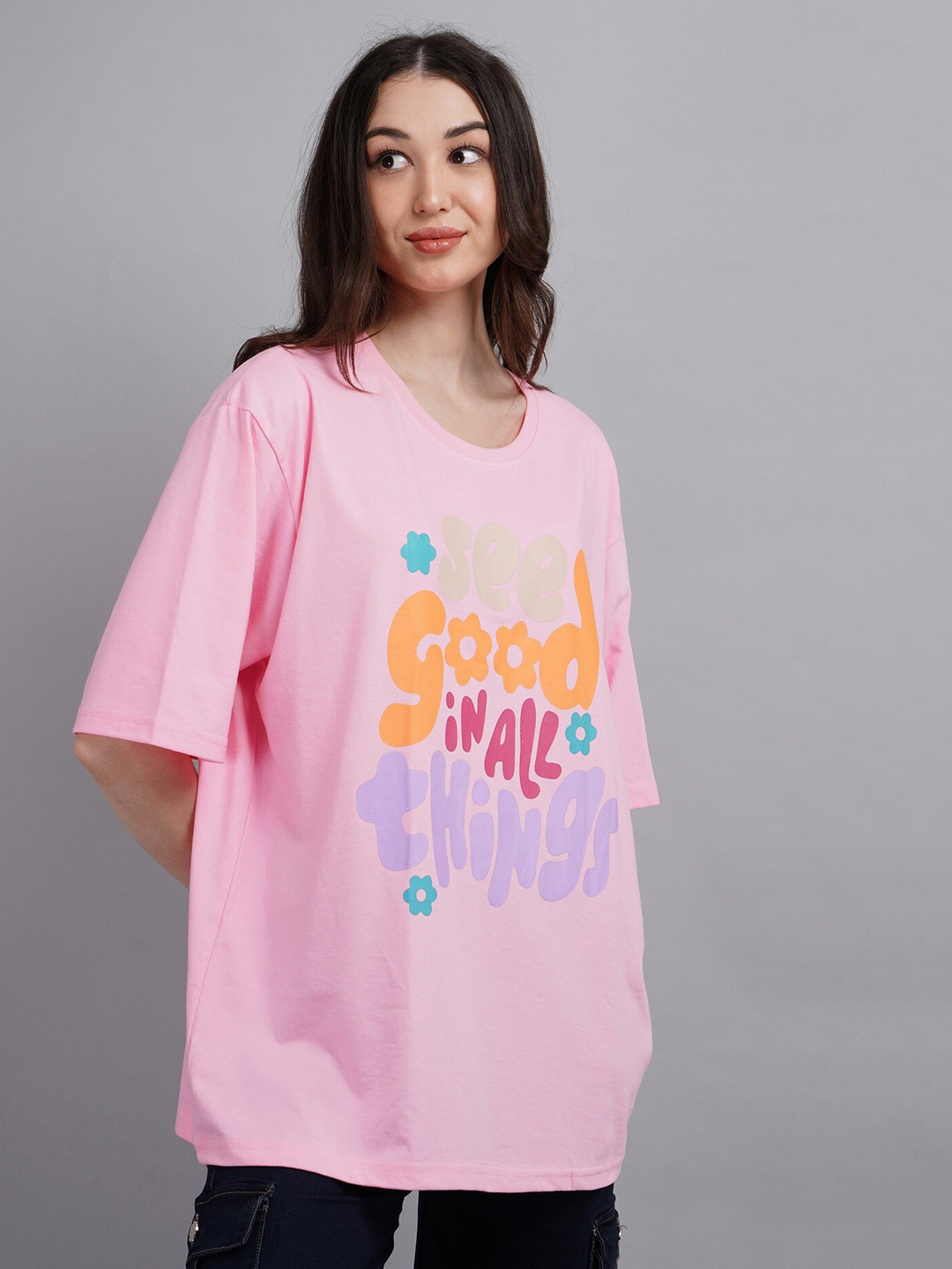 

ABSOLUTE DEFENSE Typography Printed Round Neck Cotton Oversized T Shirt, Pink