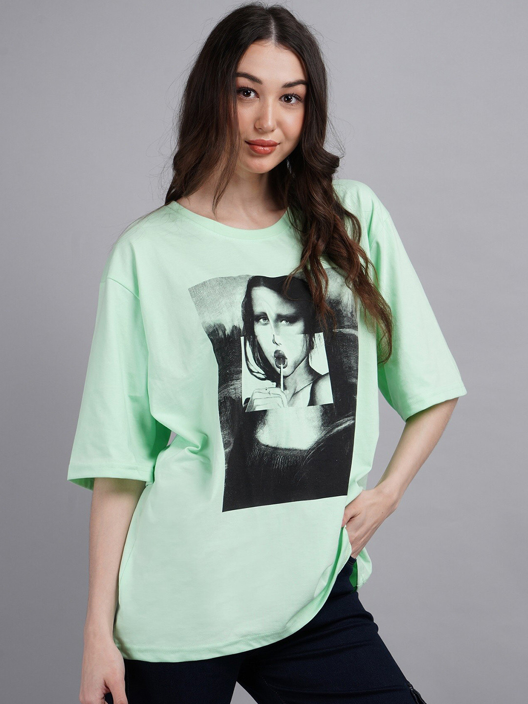 

ABSOLUTE DEFENSE Printed Round Neck Cotton Oversized T Shirt, Green