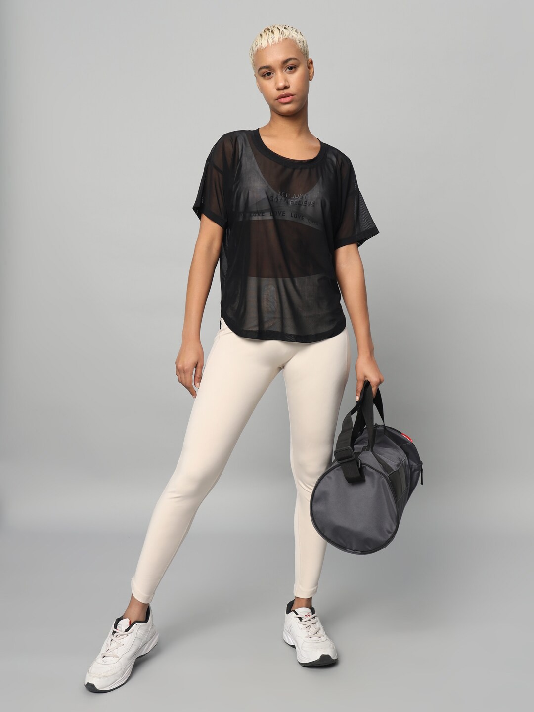 

MKH Typography Printed Extended Sleeves Semi Sheer Pockets Sports T-shirt, Black