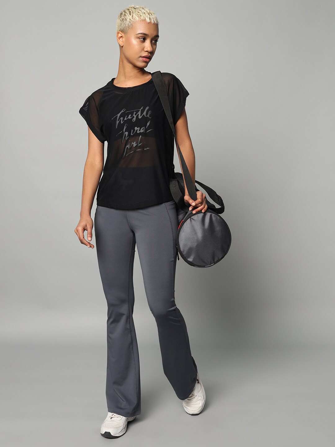 MKH Typography Printed Extended Sleeves Dri-FIT Semi Sheer Relaxed Fit Sports T-shirt, Black