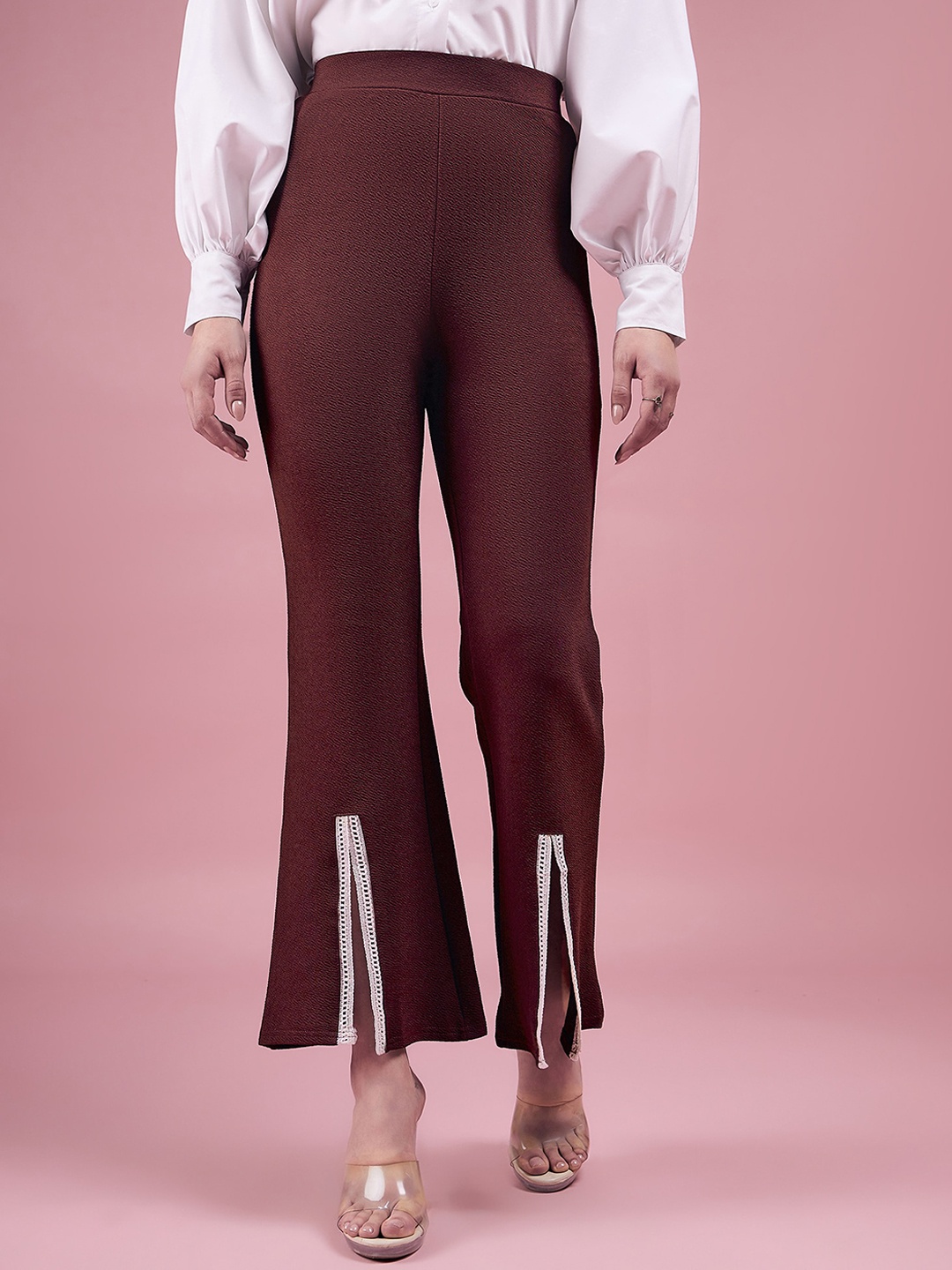 

DressBerry Women Burgundy Relaxed Straight Fit High-Rise Easy Wash Bootcut Trouser