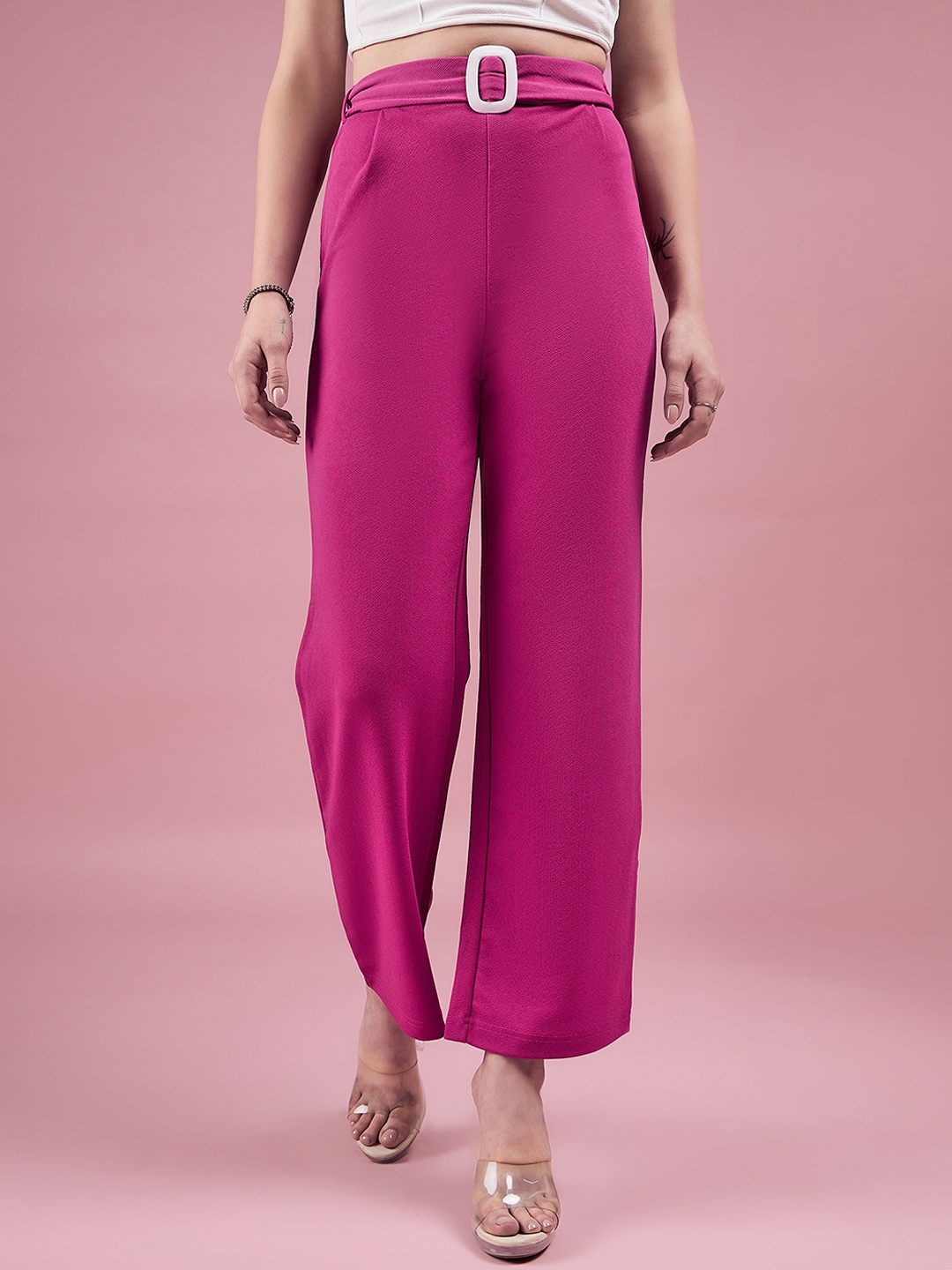 

DressBerry Women Pink Relaxed Straight Fit High-Rise Easy Wash Parallel Trousers