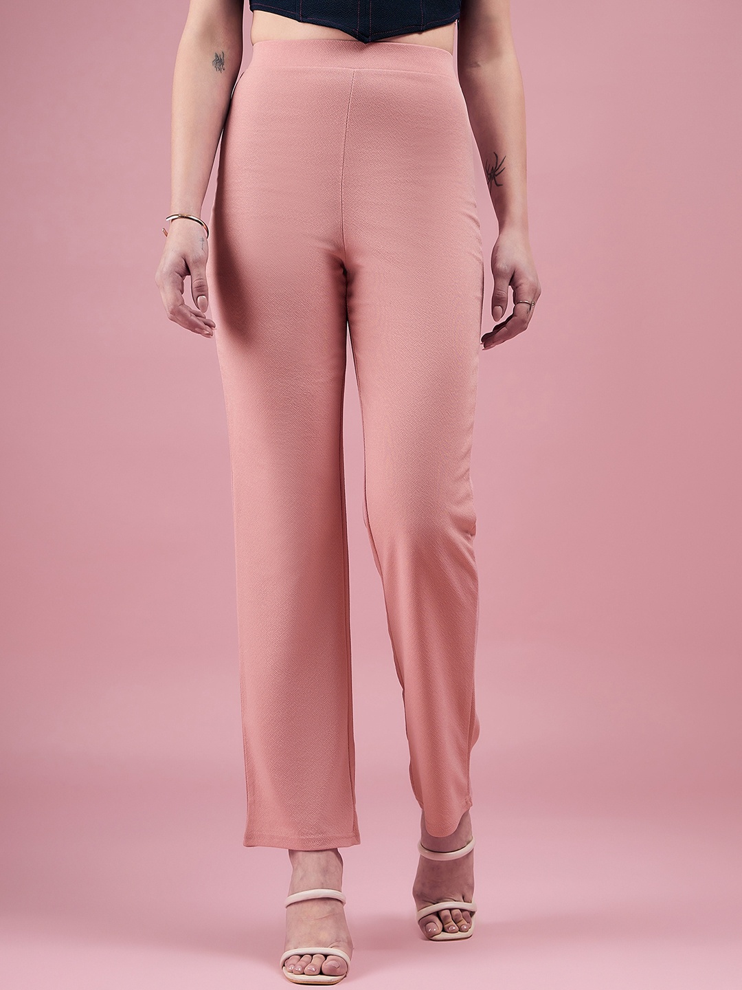 

DressBerry Women Peach-Coloured Relaxed Straight Fit High-Rise Easy Wash Trousers