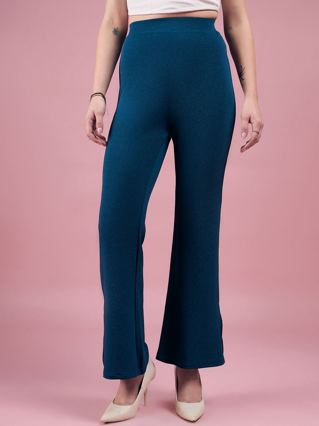 

DressBerry Women Teal Relaxed Straight Fit High-Rise Easy Wash Boot Cut Trousers