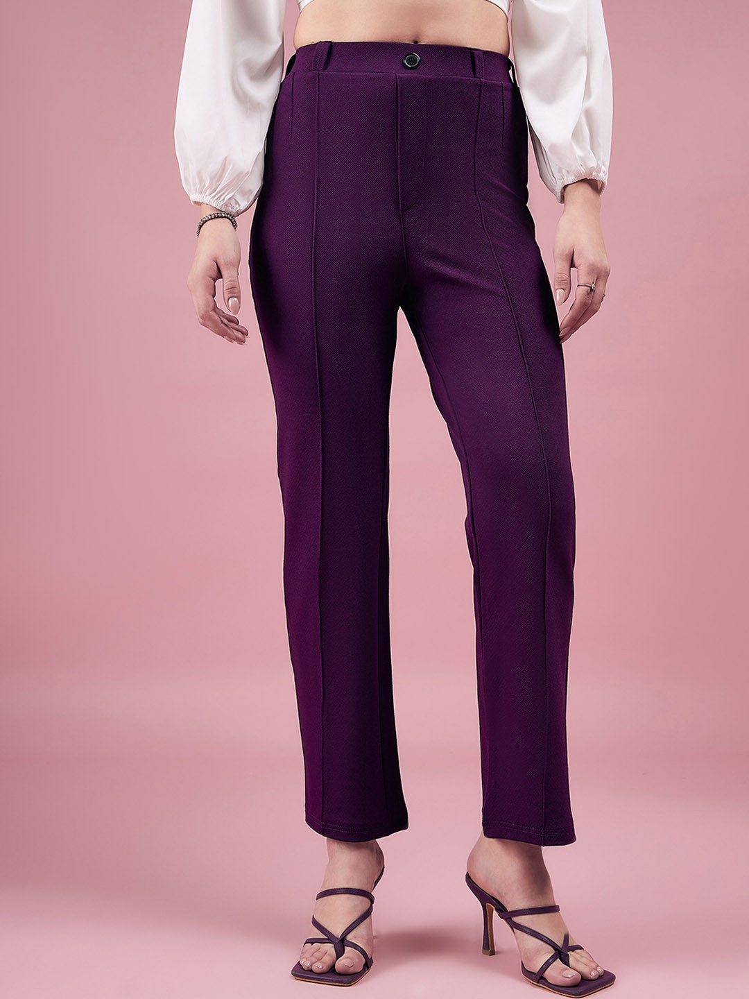 

DressBerry Women Purple Relaxed Straight Fit High-Rise Easy Wash Regular Trousers