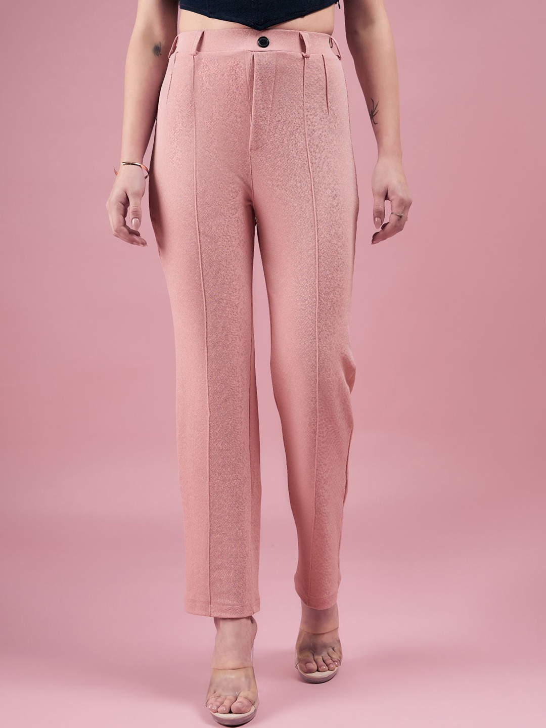 

DressBerry Women Peach Relaxed Straight Fit High-Rise Easy Wash Regular Trousers