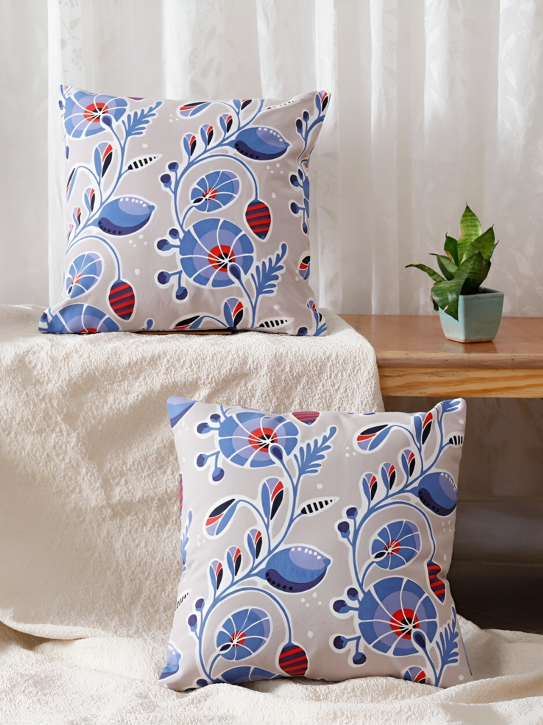 

Aura Blue & Grey 2 Pieces Floral Square Cotton Cushion Covers