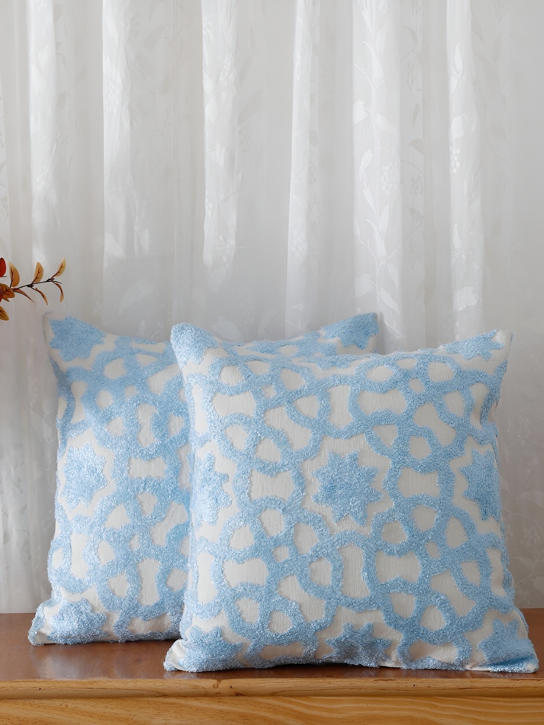 

Aura Off White & Blue 2 Pieces Embroidered Square Cotton Cushion Covers