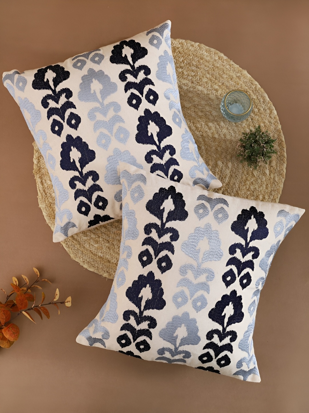 

Aura White & Blue 2 Pieces Embroidered Square Cotton Cushion Covers