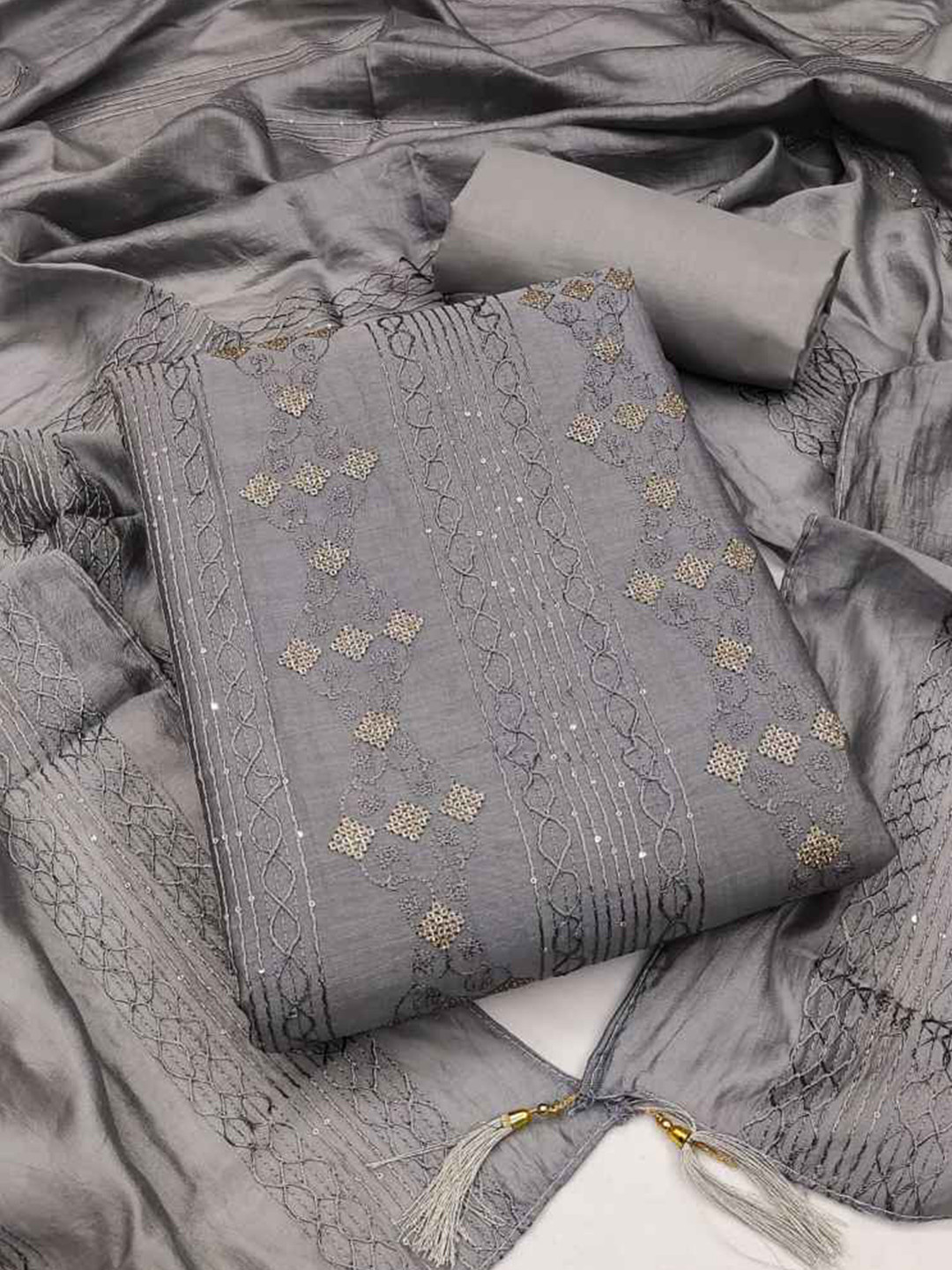 

faxofab Sequinned Unstitched Dress Material, Grey