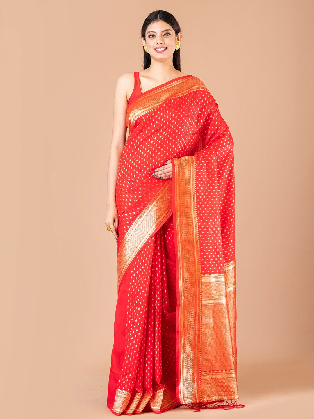 

HOUSE OF ARLI Ethnic Motifs Woven Design Zari Saree, Red