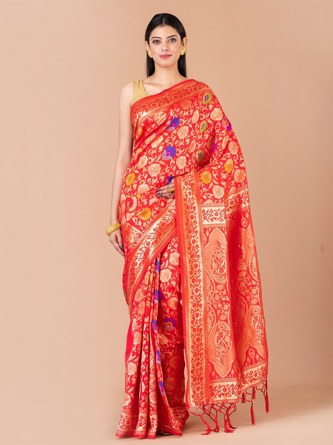 

HOUSE OF ARLI Floral Woven Design Zari Saree, Red