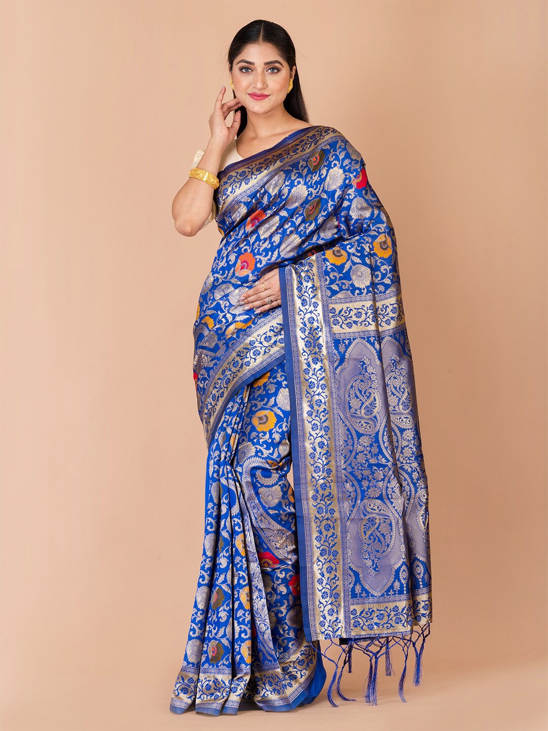 

HOUSE OF ARLI Floral Woven Design Zari Saree, Blue