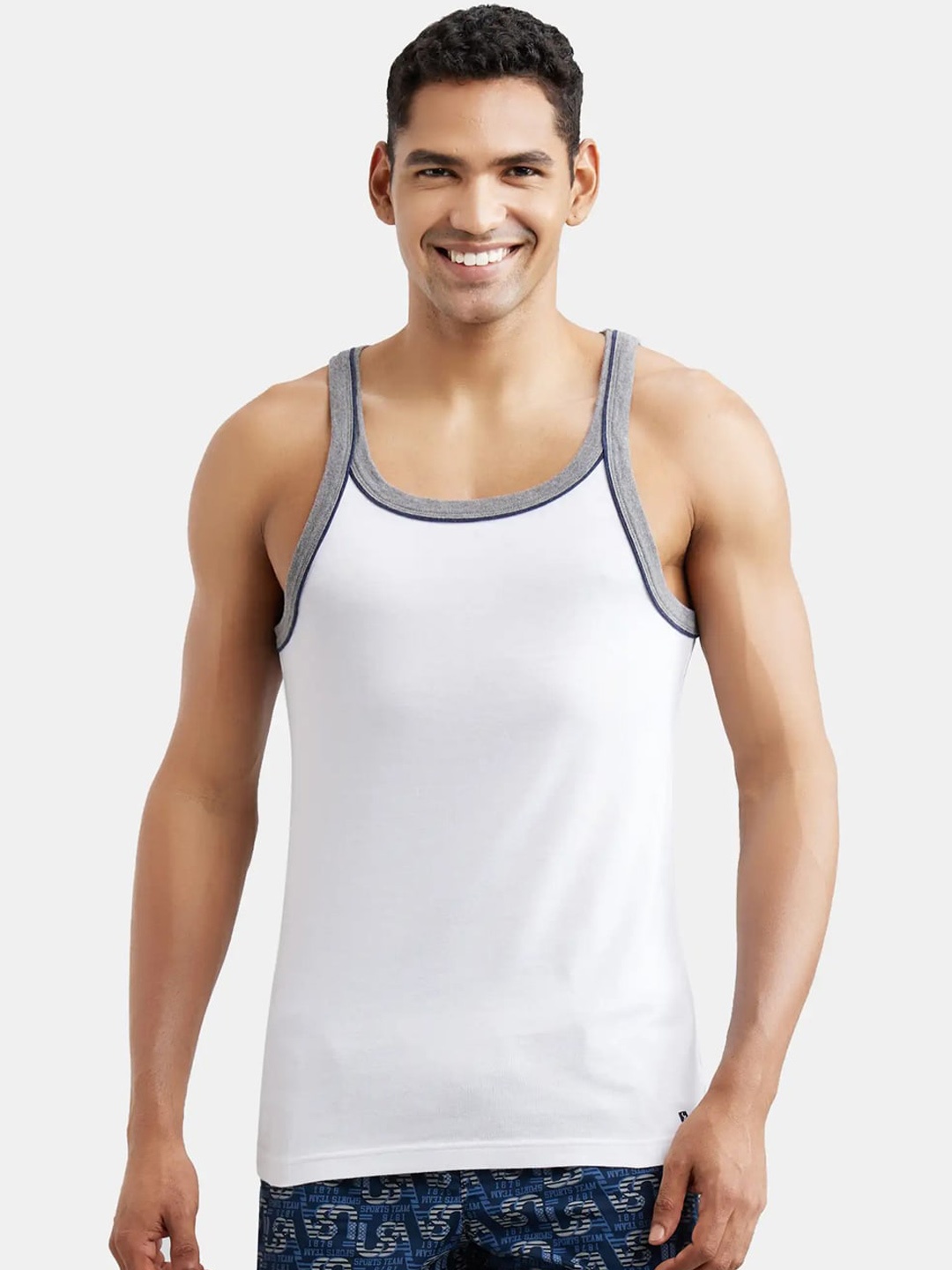 

Jockey Combed Cotton Rib Square Neck Gym Vest with Graphic Print-US54, White