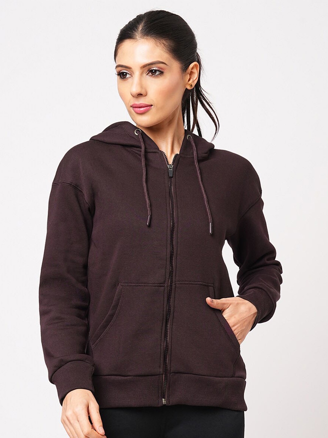 

Bombay High Women Regular Fit Solid Zip up Hoodie Jacket, Brown
