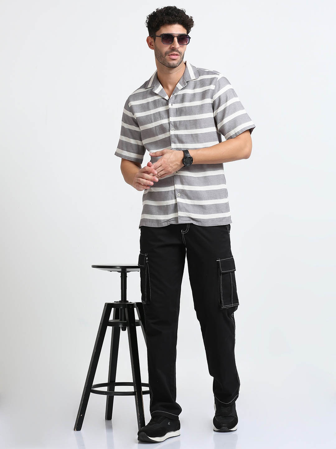 

FLY 69 Premium Boxy Horizontal Striped Cuban Collar Casual Shirt, Grey