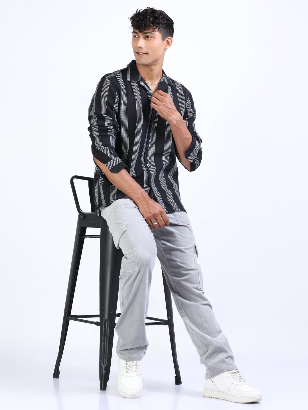 

FLY 69 Premium Slim Fit Vertical Striped Cuban Collar Cotton Casual Shirt, Black