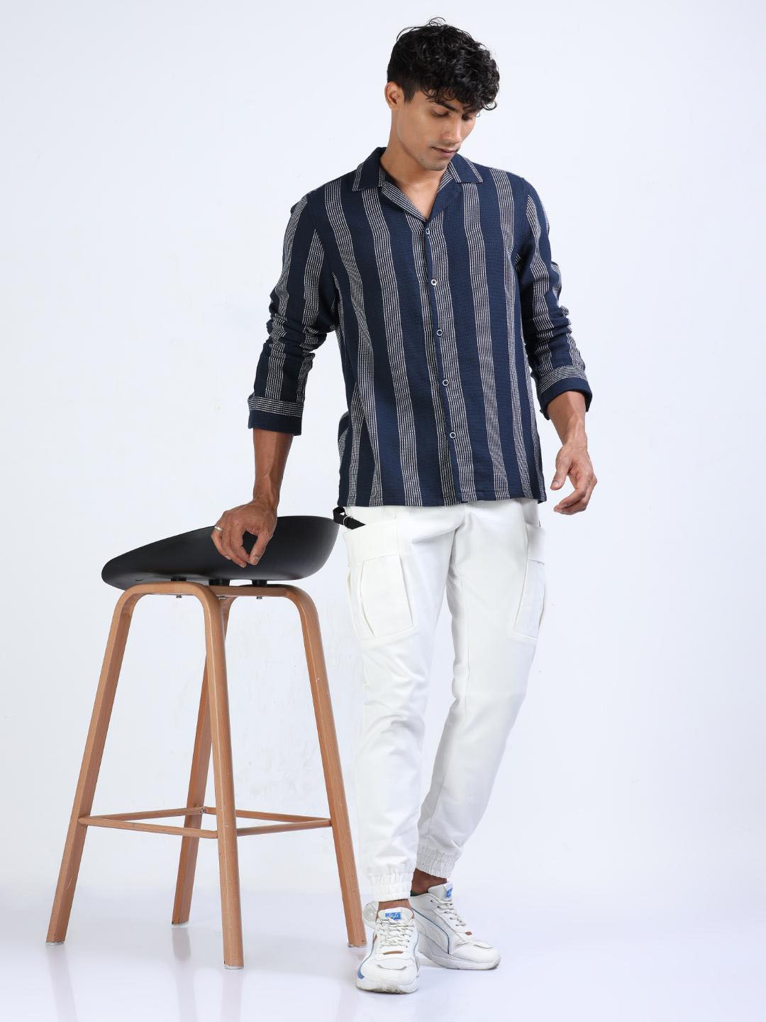 

FLY 69 Premium Slim Fit Striped Cotton Casual Shirt, Navy blue