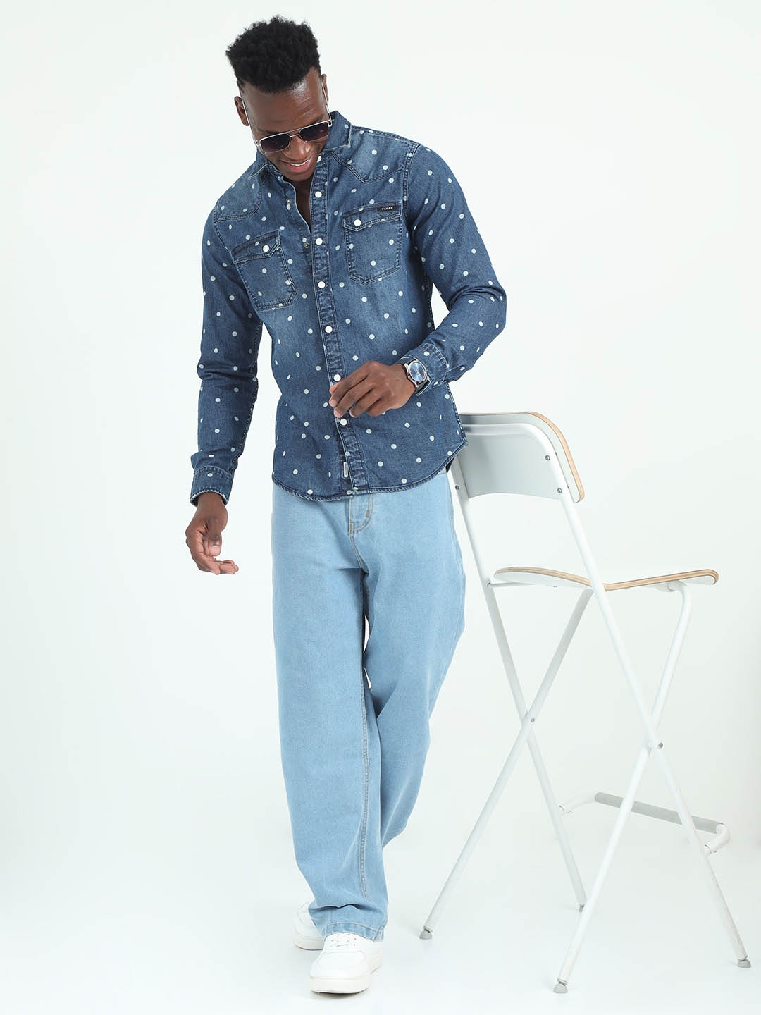 

FLY 69 Premium Slim Fit Polka Dot Printed Button-Down Collar Denim Casual Shirt, Blue