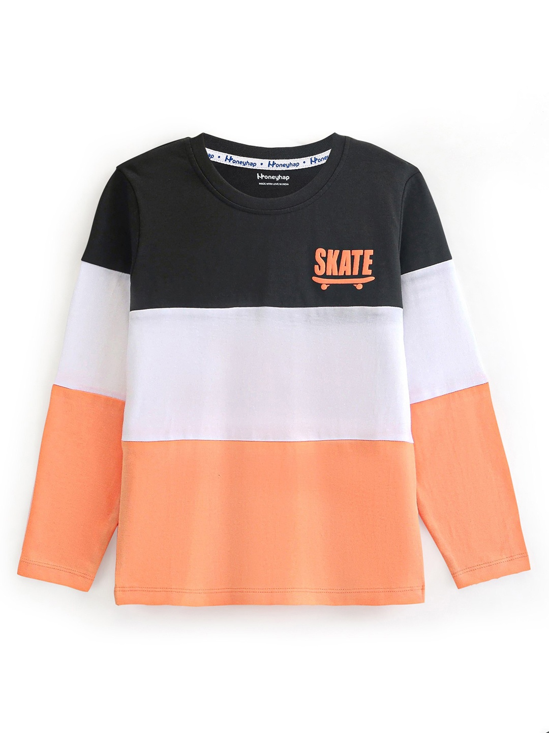 

Honeyhap Boys Colourblocked Round Neck Full Sleeves Cotton T-shirt, Black