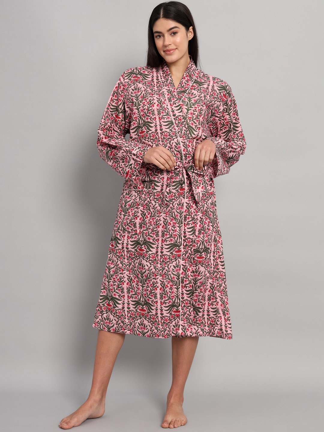 

HANDICRAFT PALACE Floral Printed Pure Cotton Robe With Belt, Pink