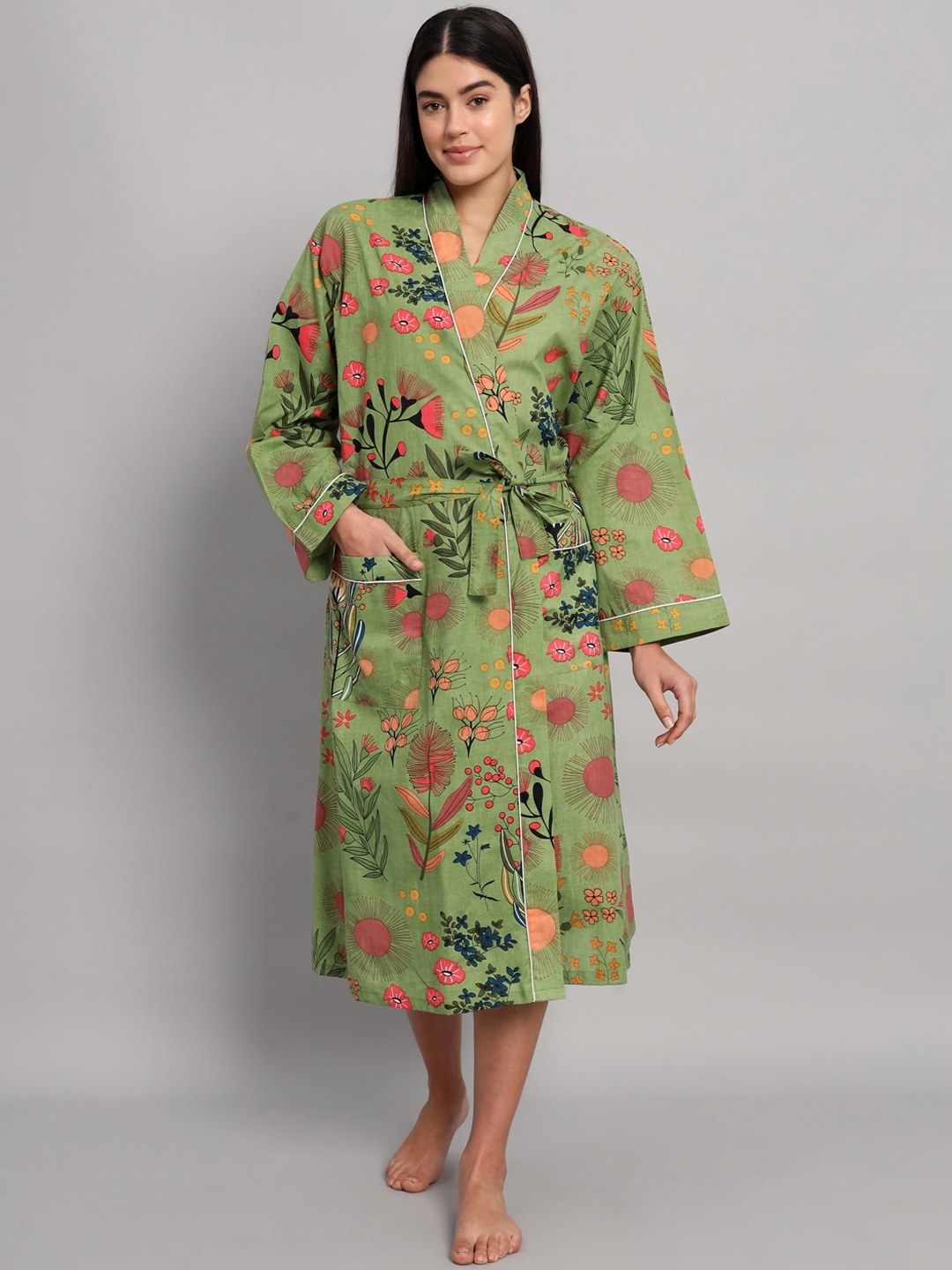 

HANDICRAFT PALACE Floral Printed Pure Cotton Robe, Green