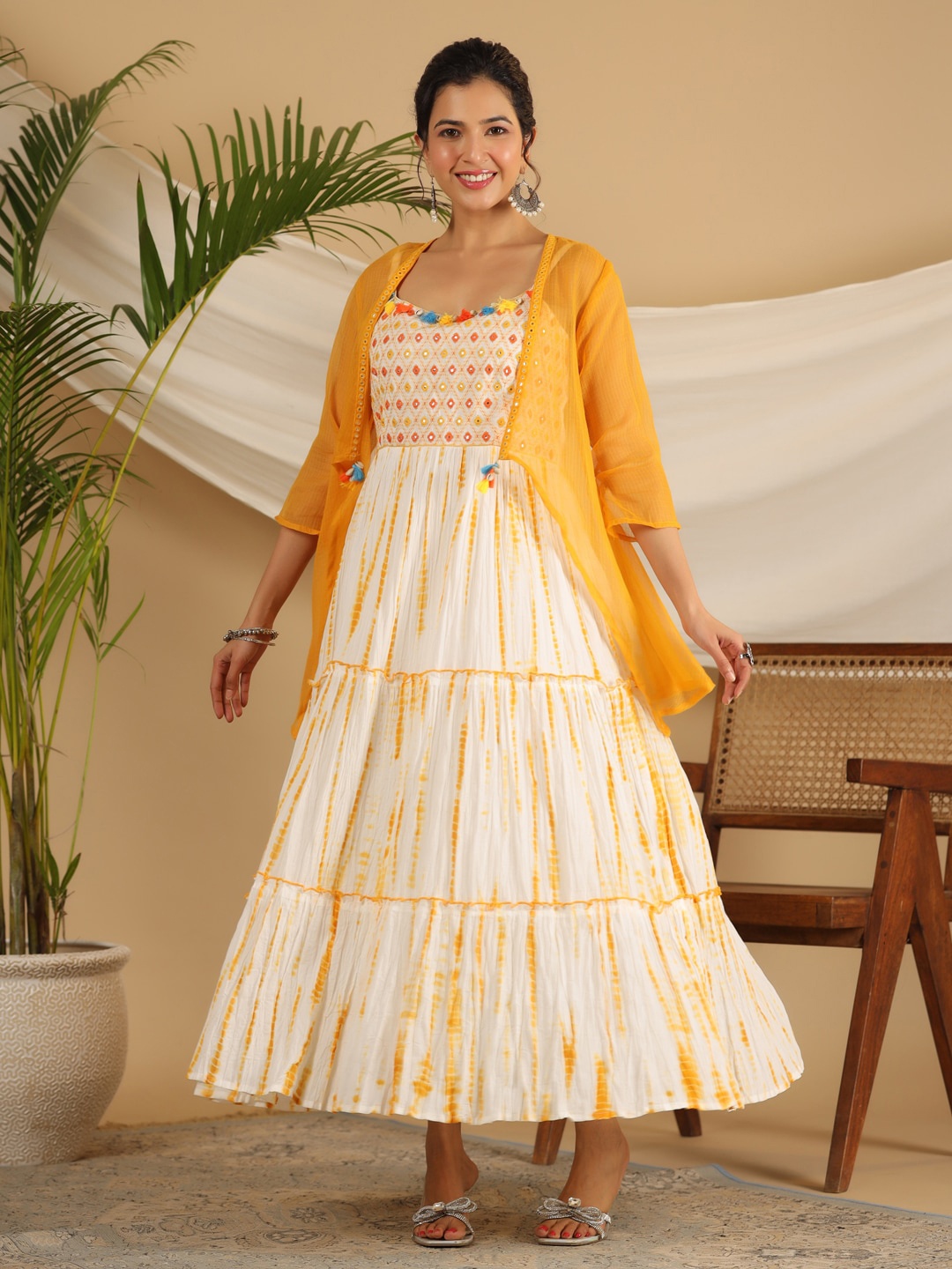 

Juniper Mustard Yellow Tie & Dye Printed Embroidered Tiered Maxi Dress With Shrug