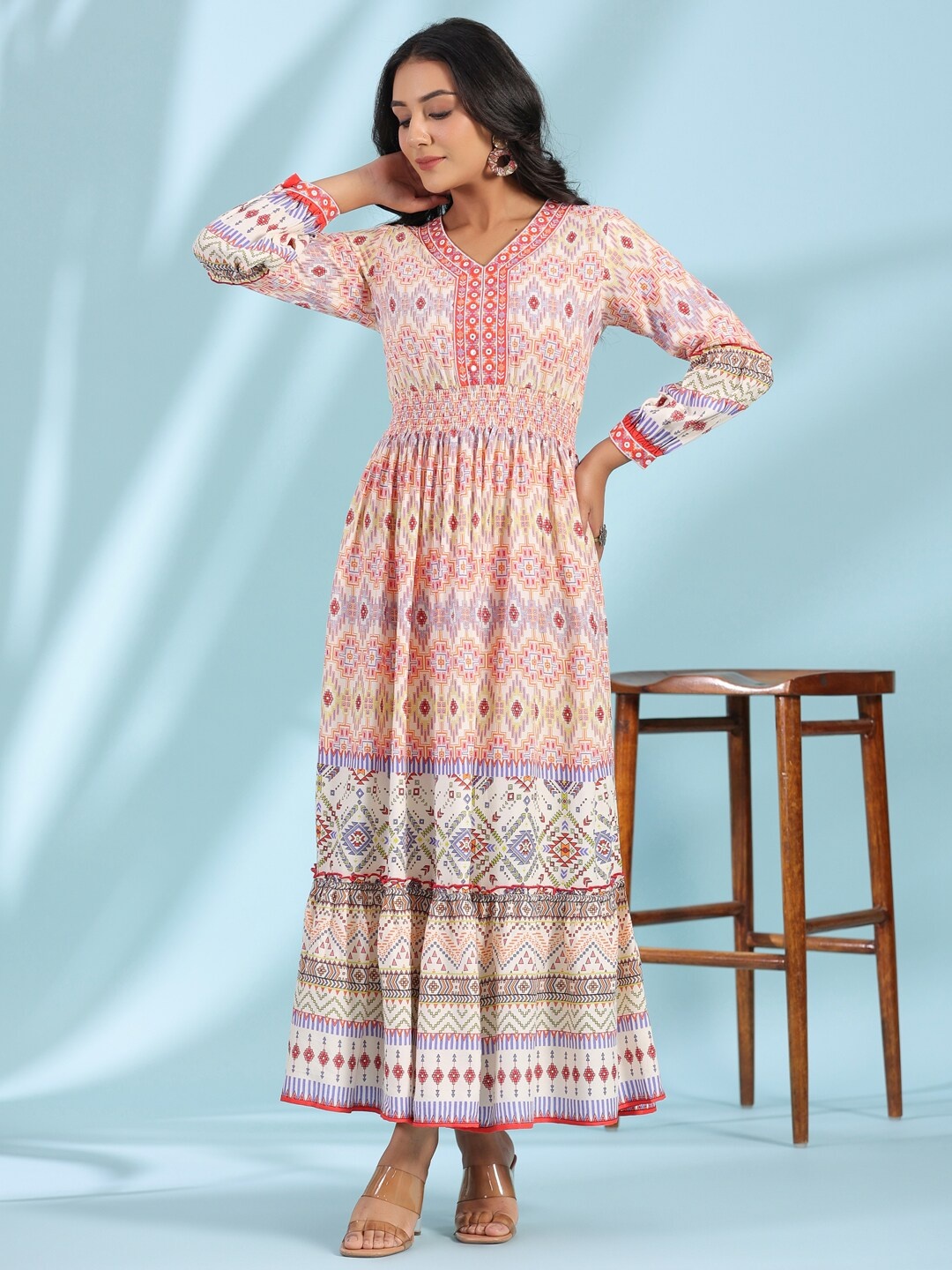 

Juniper Off White Ethnic Motifs Printed Gathered Smocked Maxi Dress