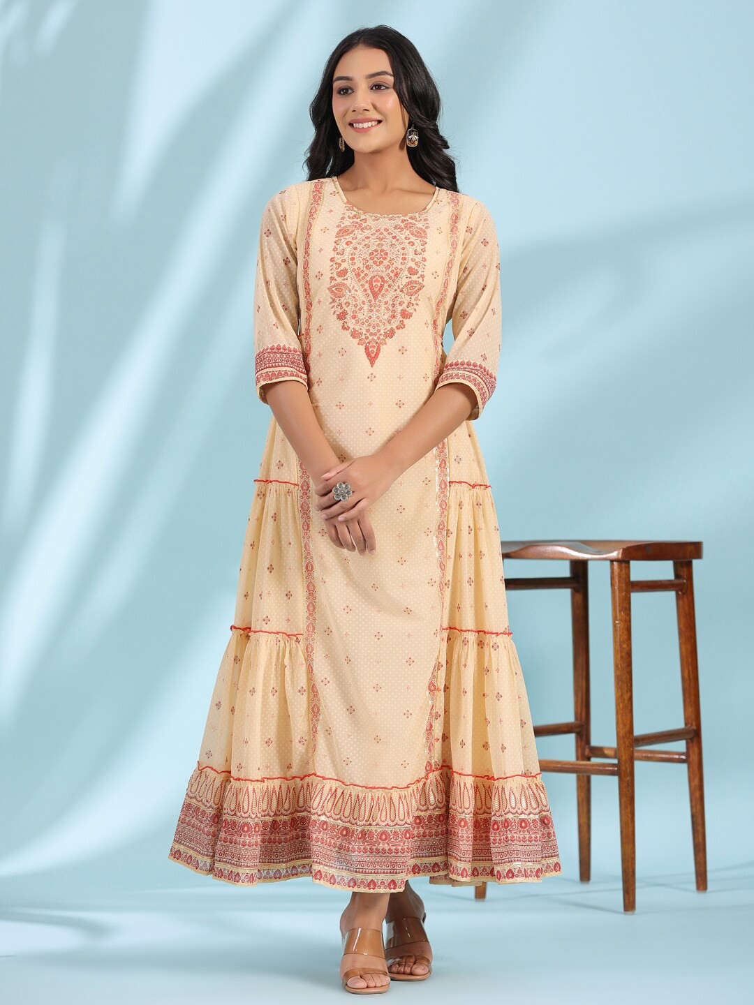

Juniper Ethnic Motifs Printed Gathered Georgette Maxi Dress, Beige