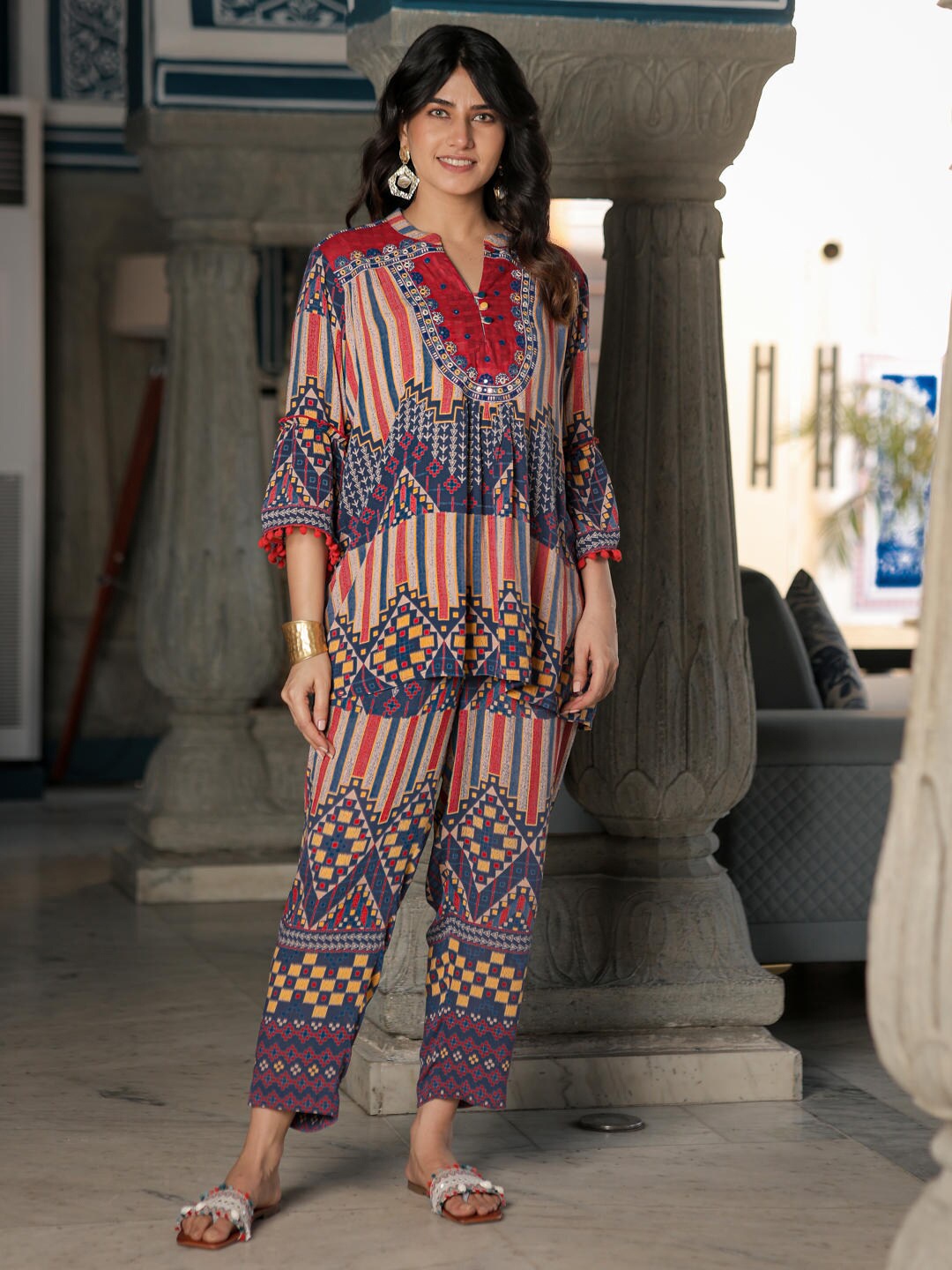 

Juniper Ethnic Motifs Printed Mandarin Collar Tunic & Trouser, Red