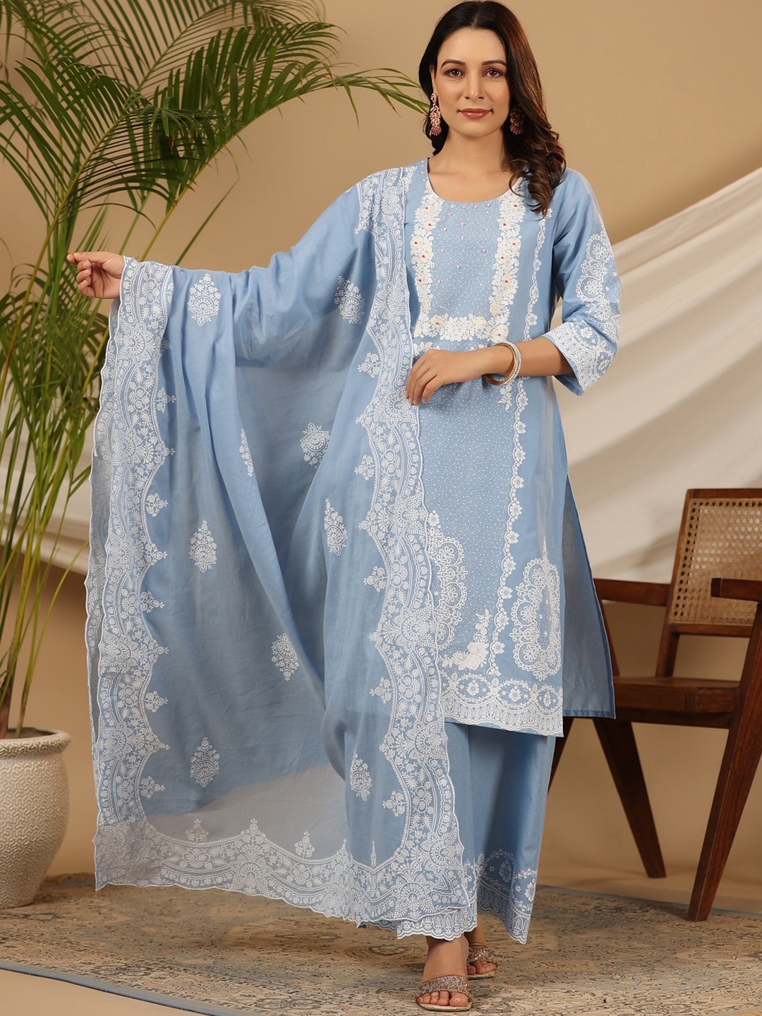 

Juniper Ethnic Motifs Printed Regular Beads and Stones Kurta with Palazzos & Dupatta, Blue