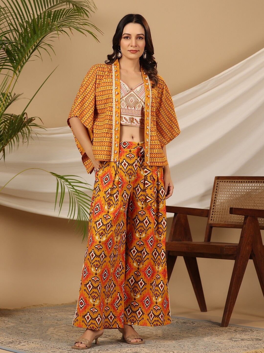 

Juniper Ethnic Motifs Printed Top & Palazzo with Shrug, Mustard