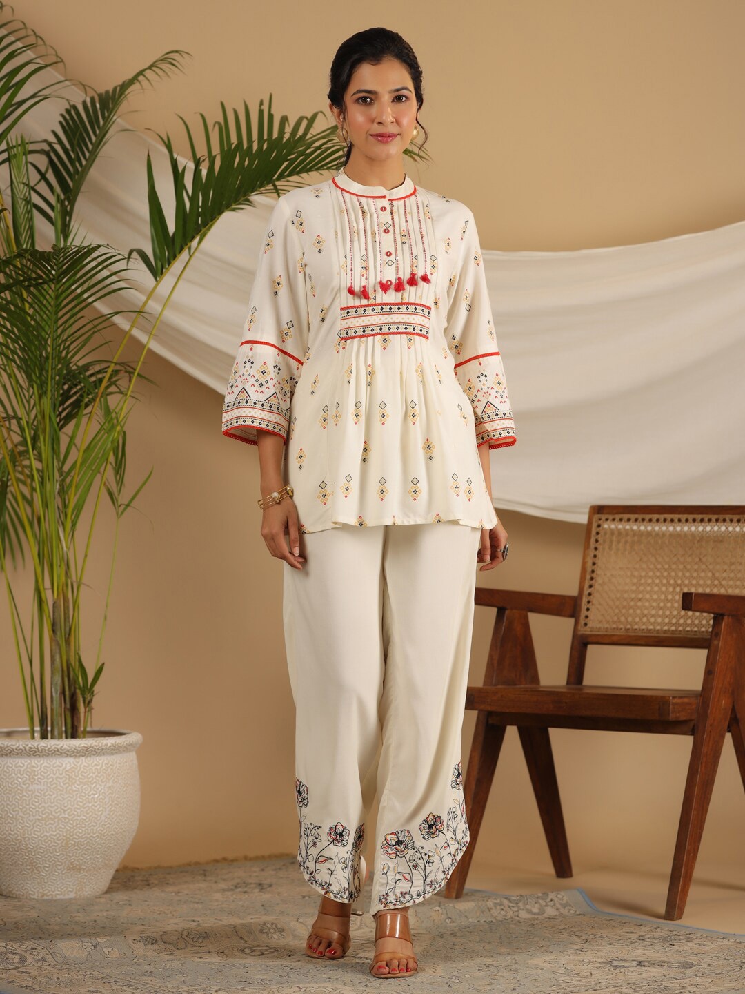 

Juniper Printed Mandarin Collar Neck Tunic & Flared Trouser Co-Ords, Beige