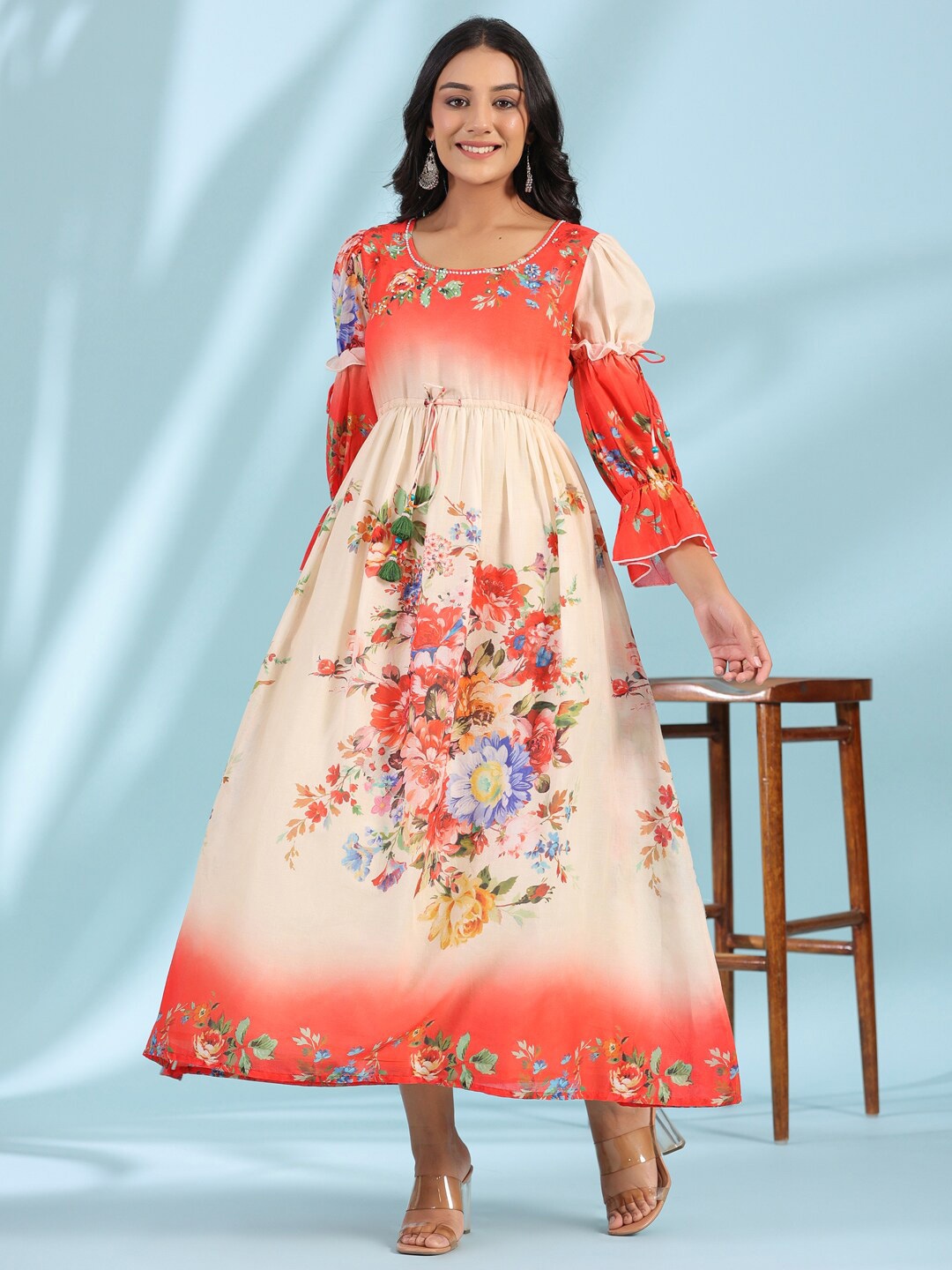 

Juniper Off White Floral Printed Puff Sleeves Tie-Ups Fit &Flare Maxi Dress