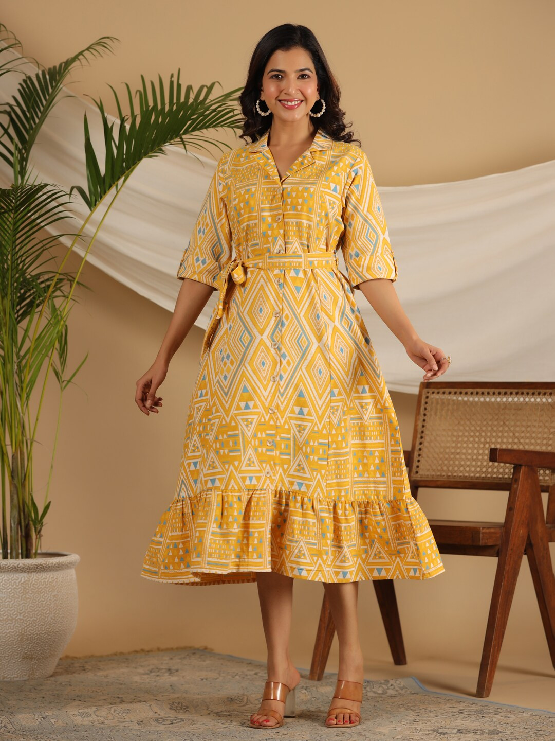 

Juniper Mustard Yellow Geometric Printed Tiered Midi A-Line Dress With Belt