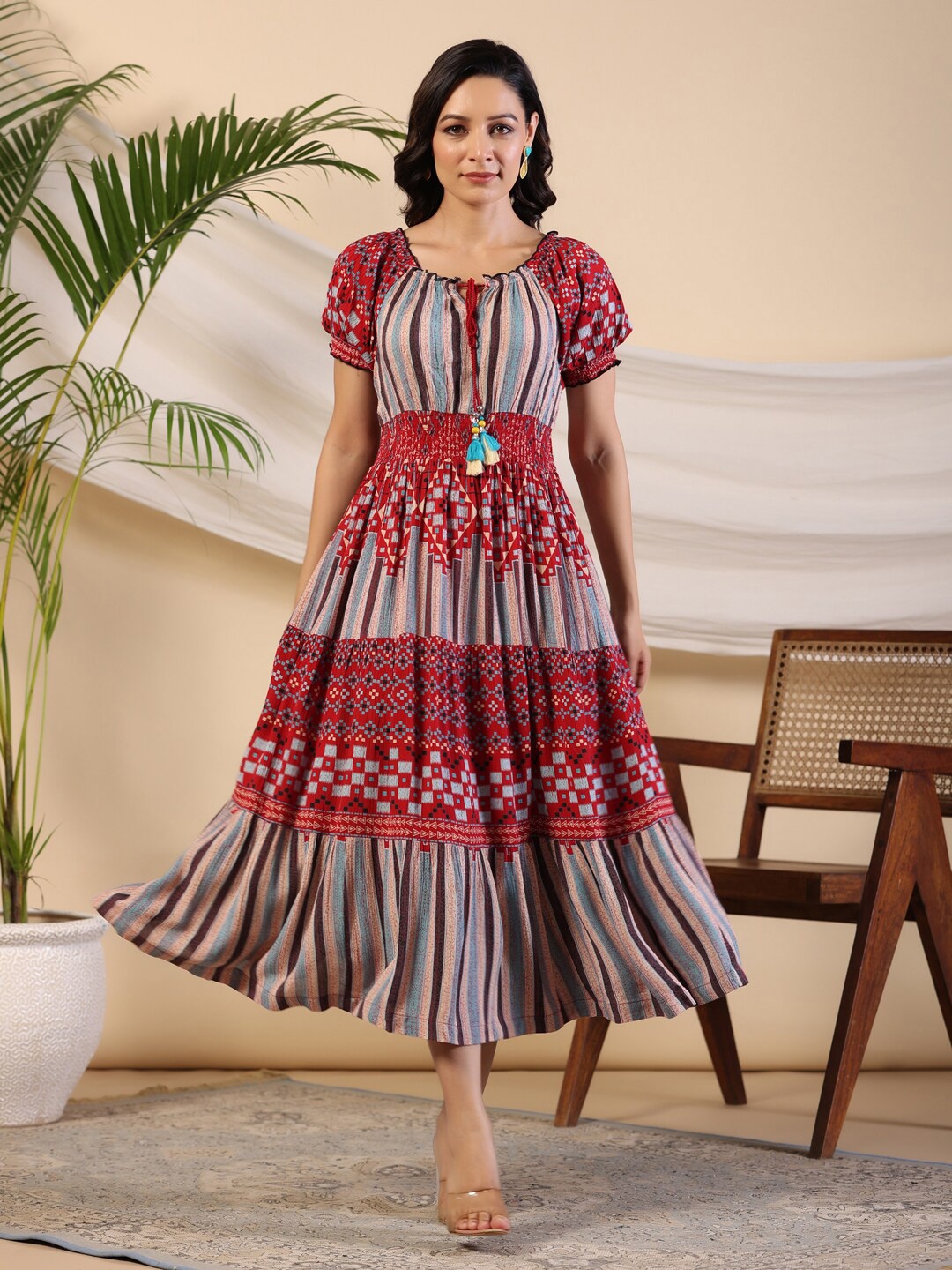 

Juniper Geometric Printed Puff Sleeve Smocked Maxi Dress, Maroon