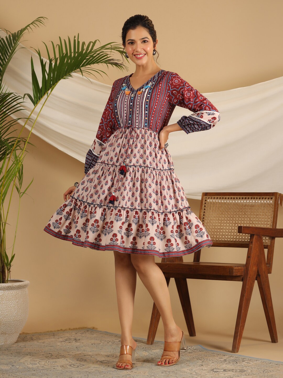 

Juniper Printed Fit & Flare Ethnic Dress, Maroon