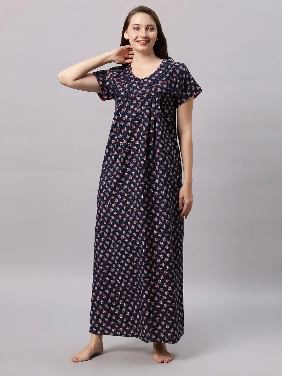 

QUIRA Floral Printed Maxi Nightdress, Navy blue