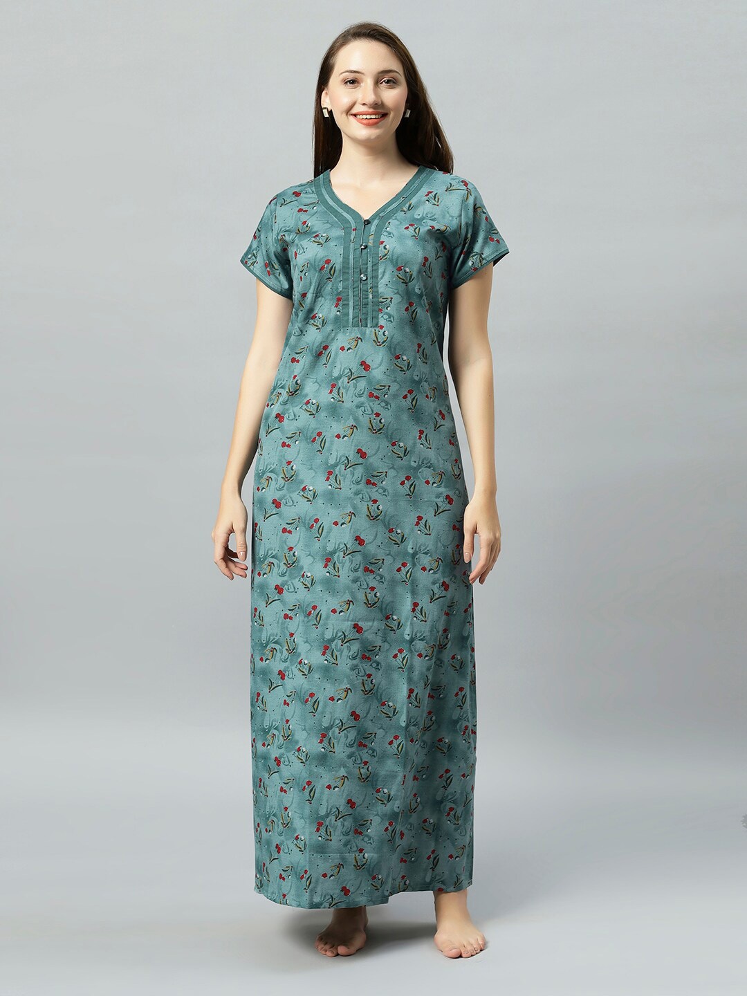 

QUIRA Floral Printed V-Neck Maxi Nightdress, Green