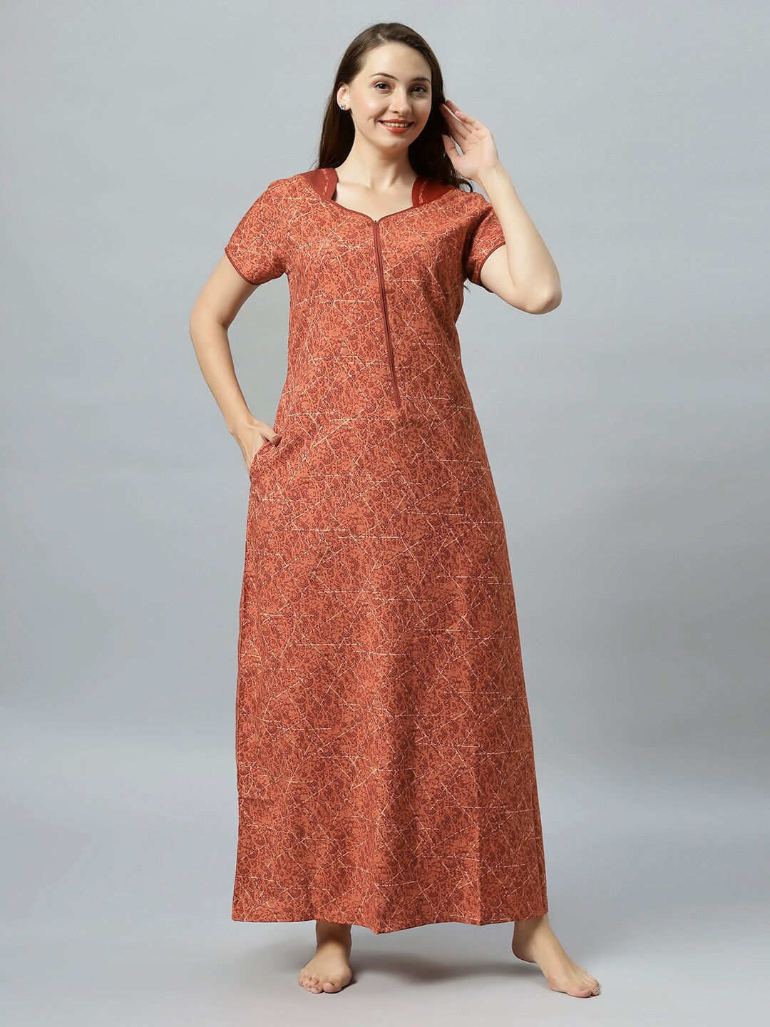 

QUIRA Abstract Printed Maxi Nightdress, Rust