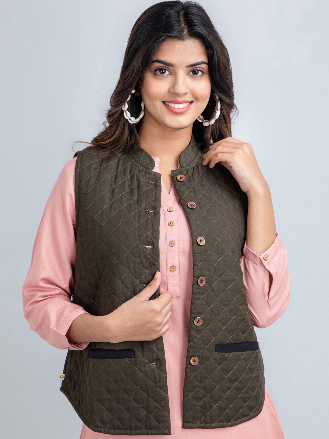 

SUTI Mandarin Collar Lightweight Open Front Jacket, Green