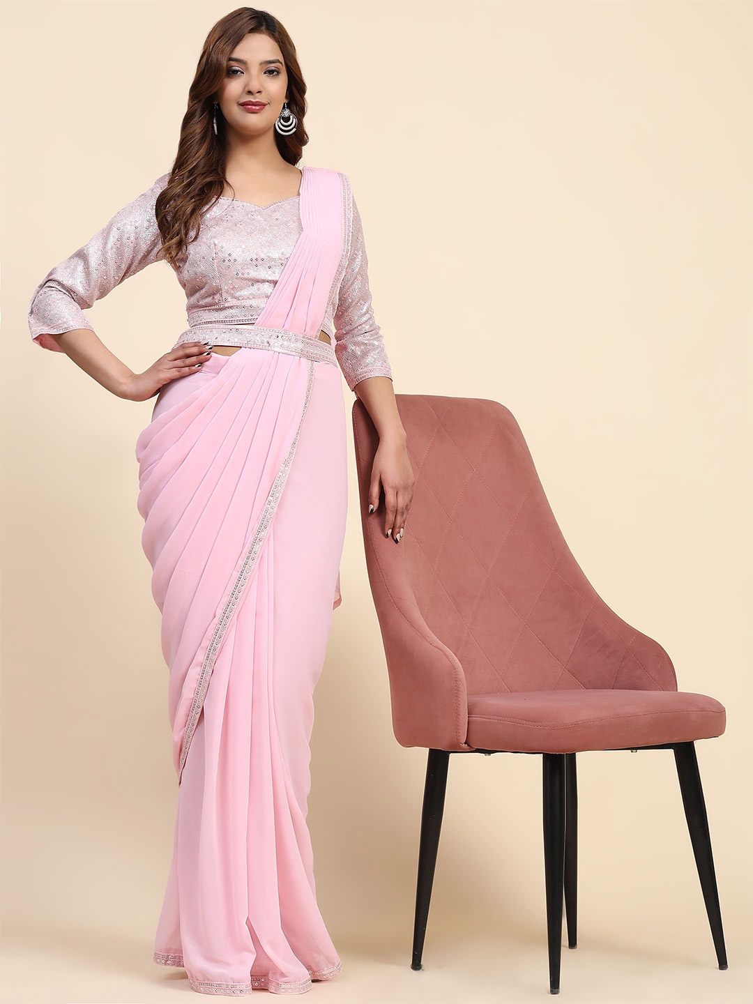 

AMOHA TRENDZ Beads and Stones Pure Georgette Ready to Wear Saree, Pink