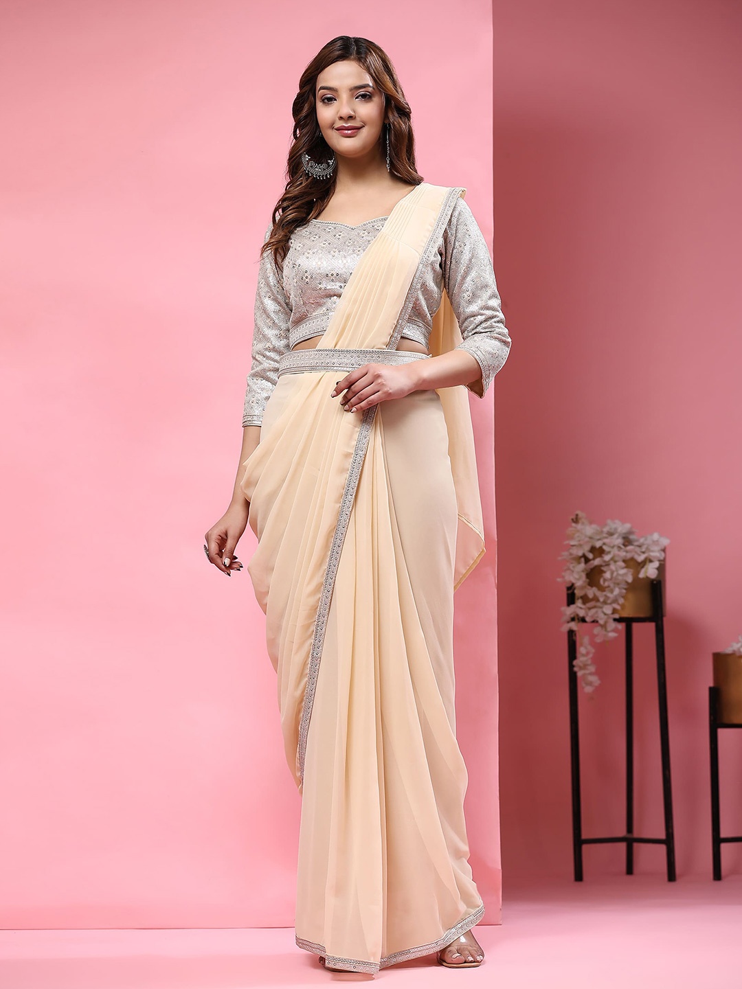 

AMOHA TRENDZ Beads and Stones Pure Georgette Ready to Wear Saree, Brown