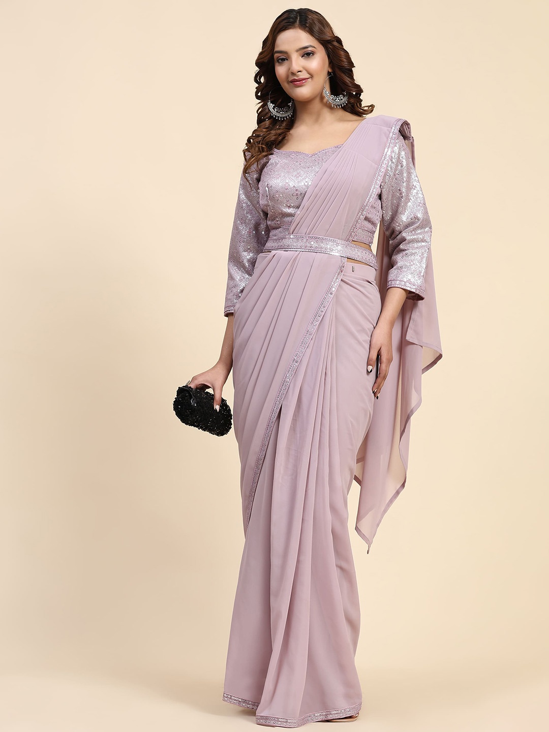 

AMOHA TRENDZ Sequinned Pure Georgette Ready to Wear Saree, Lavender
