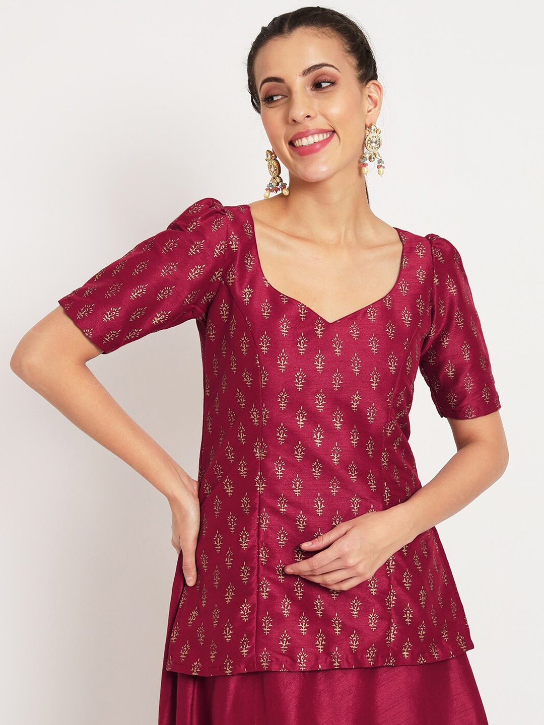 

studio rasa Round Neck Ethnic Motifs Printed Kurti, Maroon