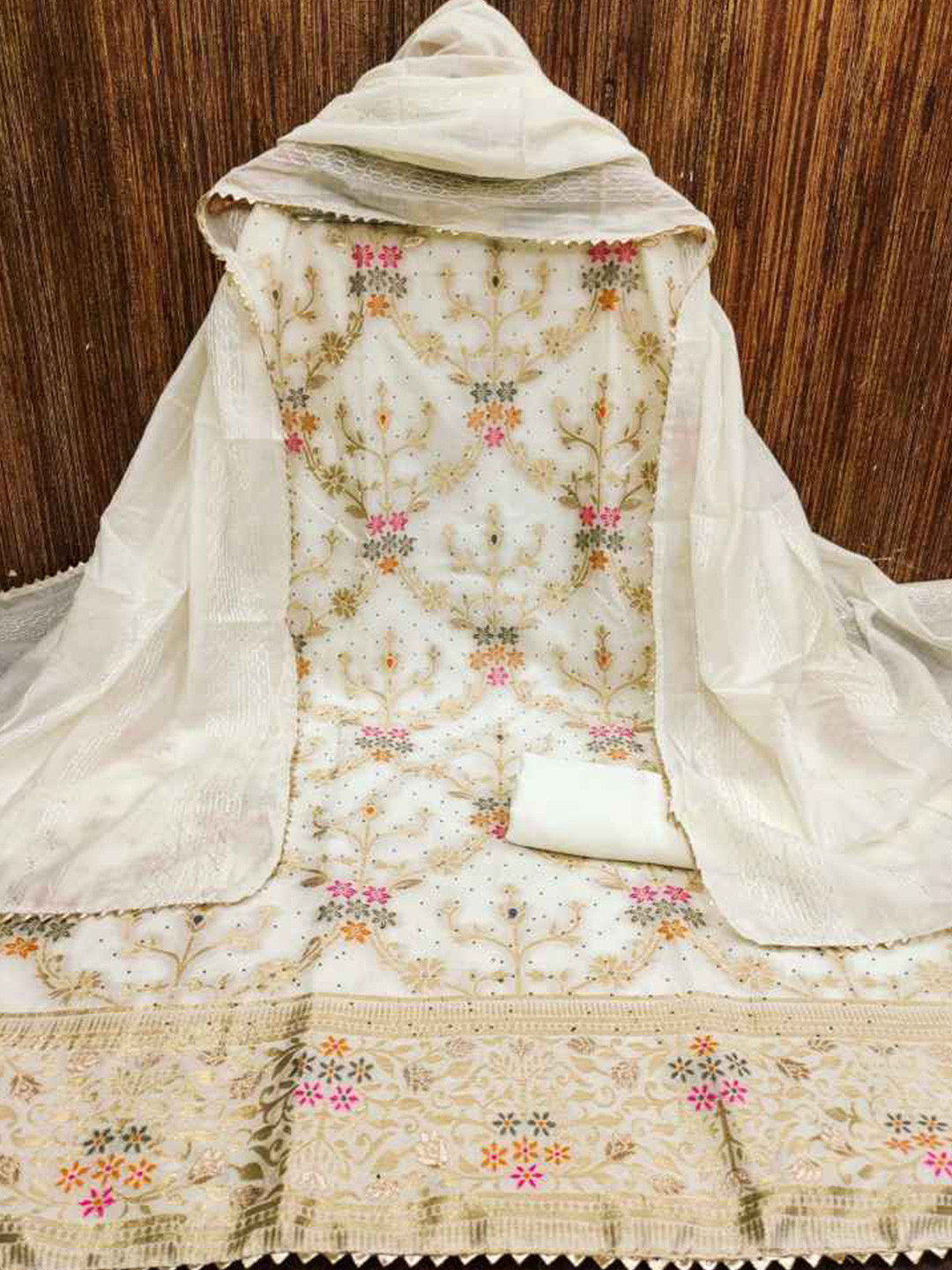 

faxofab Floral Printed Unstitched Dress Material, White