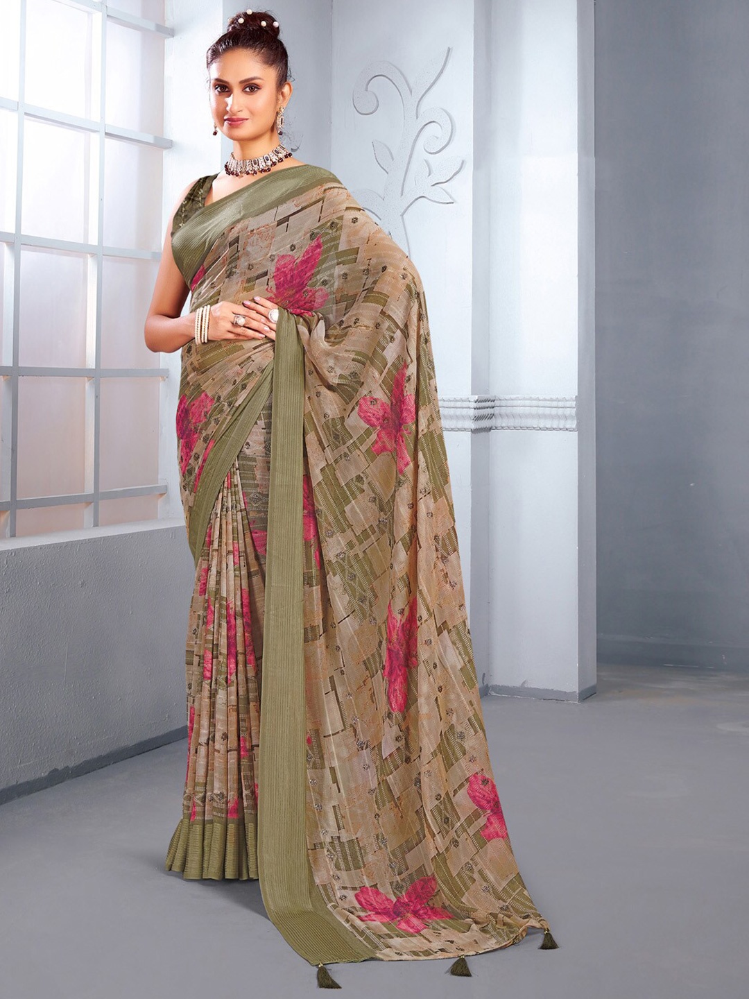 

Mitera Olive Floral Embellished Pure Georgette Dabu Saree