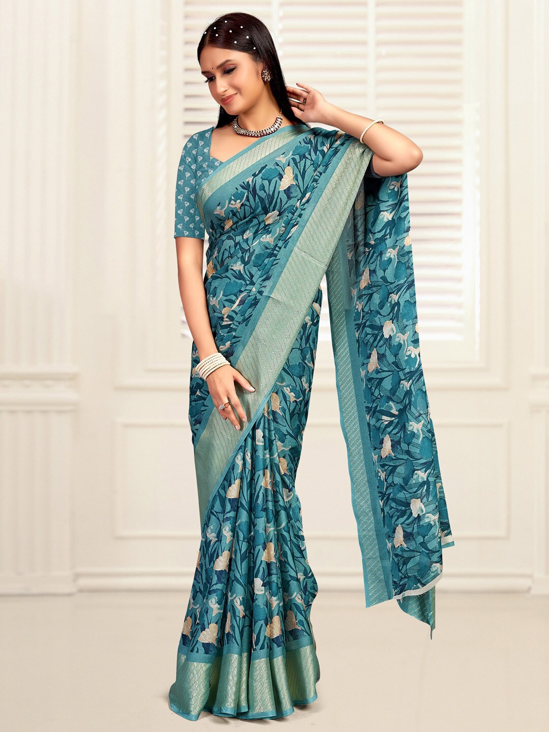 

Mitera Floral Zari Printed Sungudi Saree, Teal